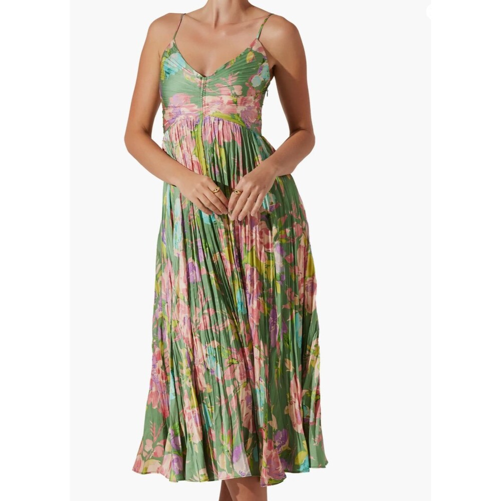 Astr Green Floral Pleated Midi Dress with Pink and Yellow Blooms